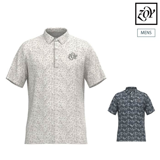 ZOY ゾーイ ゴルフウェア メンズ MENS ステンシルリーフプリント ASKIN鹿の子 半袖シャツ 吸水速乾 UVカット 接触冷感 抗菌防臭 071452011