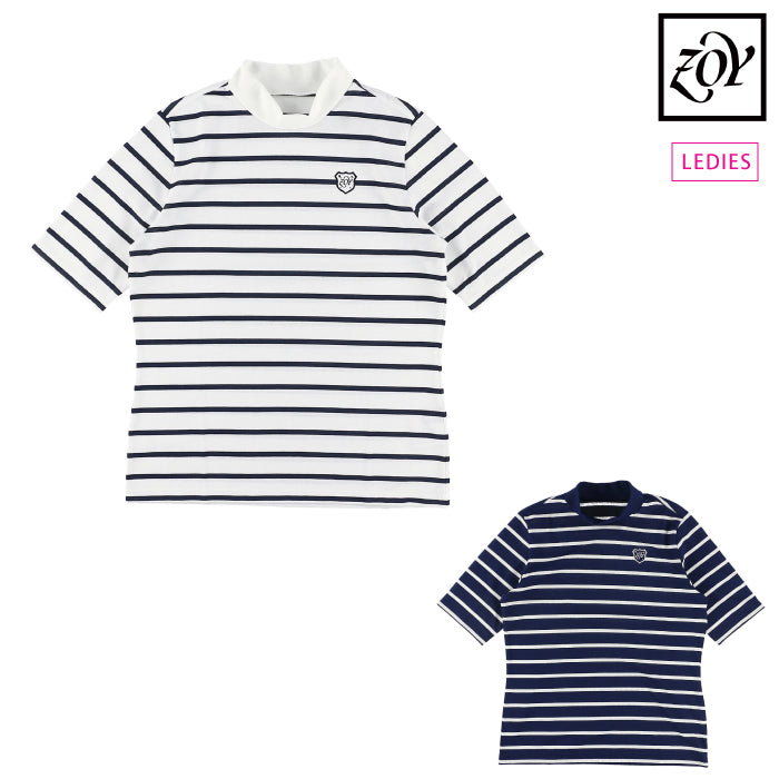 ZOY ゾーイ先染めネイビー×ホワイトボーダーモックネックシャツ ZOY ゾーイ レディース WOMENS 先染めボーダー 半袖モックネック