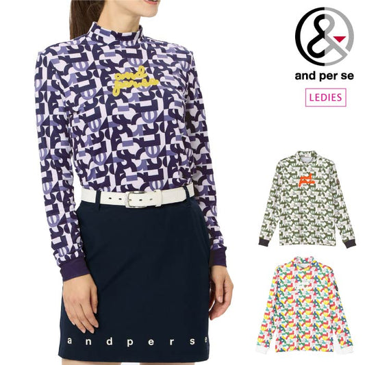 and per se アンパスィ レディース ゴルフウェア プリンテッドジャージー 長袖モックネックシャツ 吸汗速乾 保温機能 UVガード AFF9244X3