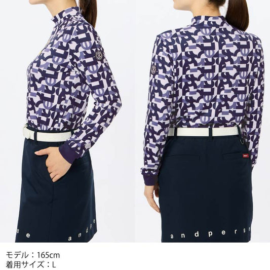 and per se アンパスィ レディース ゴルフウェア プリンテッドジャージー 長袖モックネックシャツ 吸汗速乾 保温機能 UVガード AFF9244X3