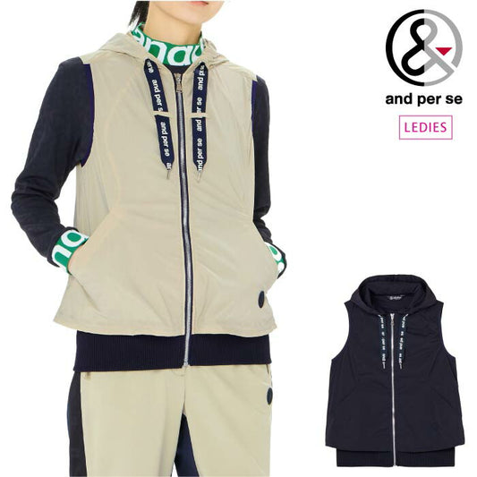 and per se アンパスィ ゴルフウェア レディース ストレッチタフタフーディーベスト 撥水 軽量 UV機能 afs1005g5