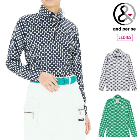 and per se アンパスィ ゴルフウェア レディース プリンテッドワッフル長袖シャツ マルチストレッチ性 吸汗速乾 UVケア afs9395z5