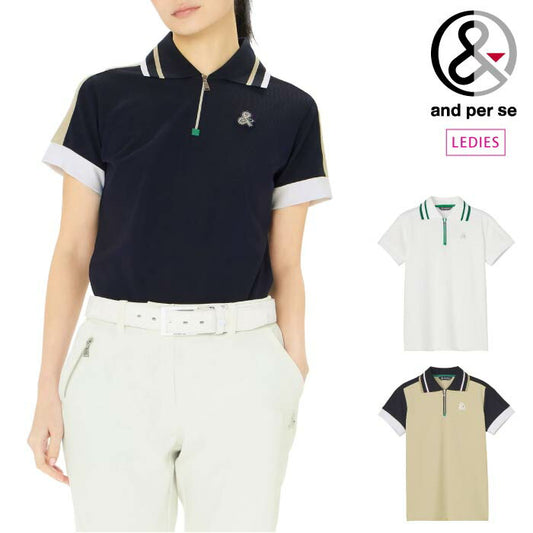 and per se アンパスィ ゴルフウェア レディース 4WAYリップル半袖ハーフジップポロシャツ マルチストレッチ 吸汗速乾 UV機能 afs9735w3