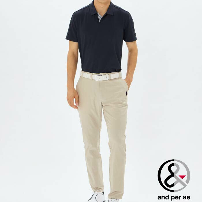 and per se アンパスィ ゴルフウェア メンズ ミニリップル半袖スキッパーシャツ マルチストレッチ 吸汗速乾 UVプロテクト 高級国内素材 AMS9605W2