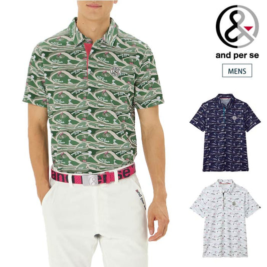 and per se アンパスィ ゴルフウェア メンズ スイングドライディンプル半袖シャツ マルチストレッチ 吸汗速乾 UV 高通気 べたつき軽減 ams9625x2