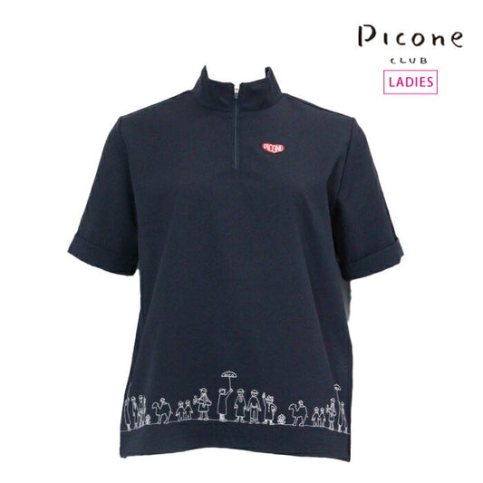 PICONE CLUB ピッコーネクラブ ゴルフウェア レディース 裾刺繍UV速乾ジッププルオーバー 半袖シャツ ドライタッチ 少し長めの半袖丈 ハーフジップ MADE IN JAPAN c559408
