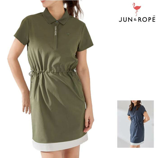 JUN&ROPE’ ジュンアンドロペ ゴルフウェア レディース UV 吸水速乾 ドロスト使い半袖ポロワンピース 接触冷感 ゆったりシルエット ere35100