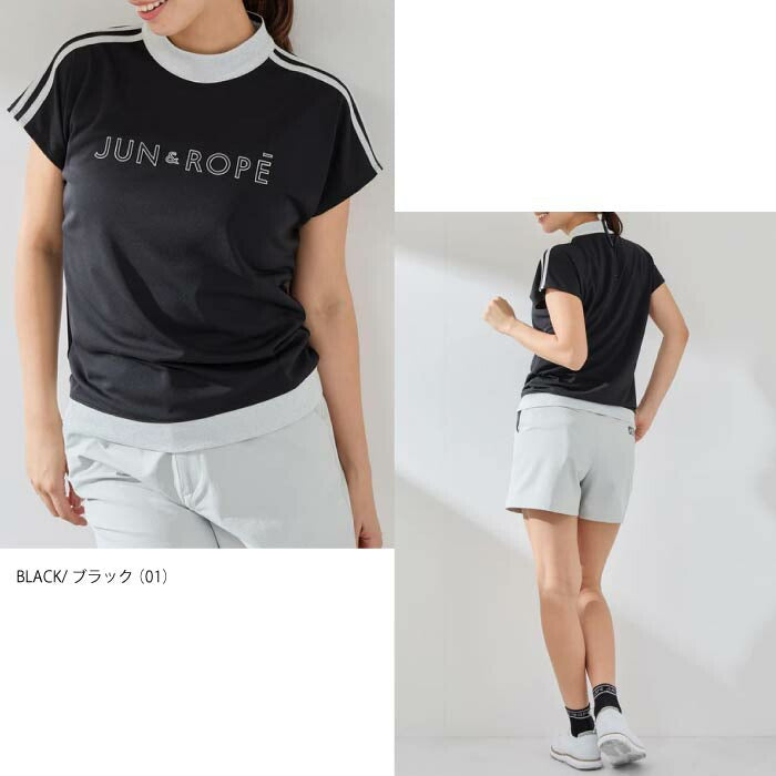JUN&ROPE’ ジュンアンドロペ ゴルフウェア レディース 吸水速乾 フロントロゴラメコンビプルオーバー フレンチスリーブ 二の腕カバー erm55100