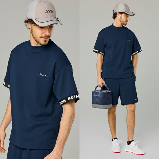 muta MARINE GOLF ムータマリンゴルフ ゴルフウェア メンズ ポップコーンニット モックネックシャツ 半袖シャツ ルーズフィット 吸水速乾 遮熱効果 UVカット セットアップ対応 mgjc-434794