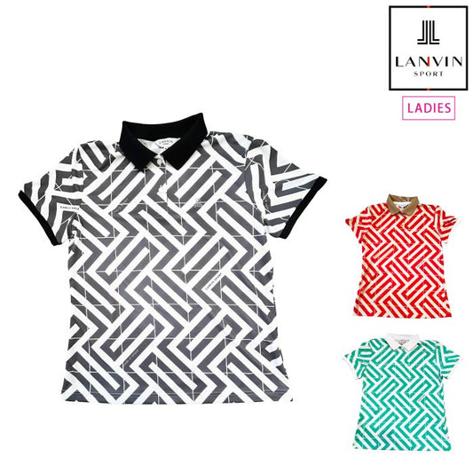 LANVIN SPORT ランバン スポール ゴルフウェア レディース 幾何学柄プリント半袖ポロシャツ クーリング機能 吸汗速乾 UVカット 遮熱 ストレッチ 接触冷感 VG5SHS33L
