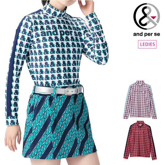 and per se アンパスィ レディース 総柄プリント長袖ハイネックシャツ ストレッチ UVケア 起毛 AFS9213P2