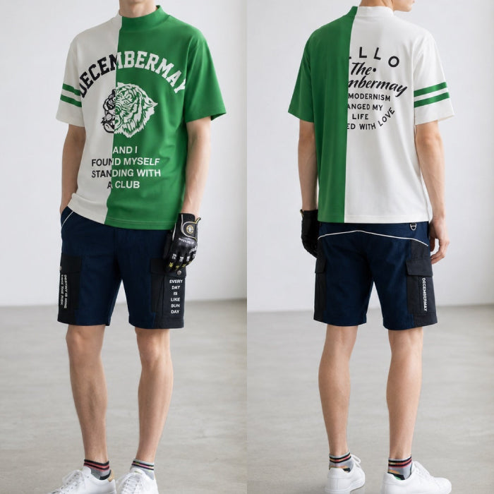 DECEMBERMAY ディセンバーメイ ゴルフウェア メンズ 半袖モックネックシャツ Lovers tiger bicolor mock neck shirt/ MEN 吸湿速乾 防透 紫外線防止 1-505-0151
