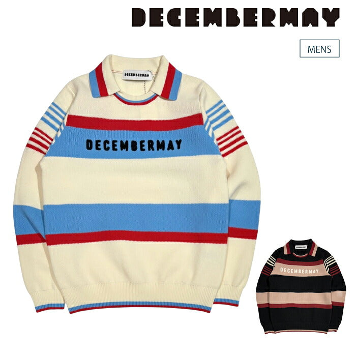 DECEMBERMAY ディセンバーメイ ゴルフウェア メンズ Stripe knit polo MEN 長袖ニットポロ 鹿の子編み ソフトな風合い 衿付きクルーネック 保温性 通気性 1-612-1035