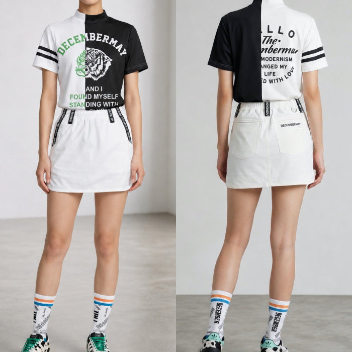 DECEMBERMAY ディセンバーメイ ゴルフウェア レディース 半袖モックネックシャツ Lovers tiger bicolor mock neck shirt/ WOMEN 吸湿速乾 防透 紫外線防止 2-505-0151