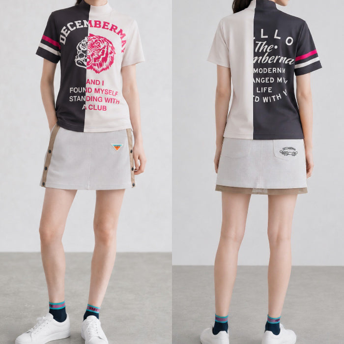 DECEMBERMAY ディセンバーメイ ゴルフウェア レディース 半袖モックネックシャツ Lovers tiger bicolor mock neck shirt/ WOMEN 吸湿速乾 防透 紫外線防止 2-505-0151