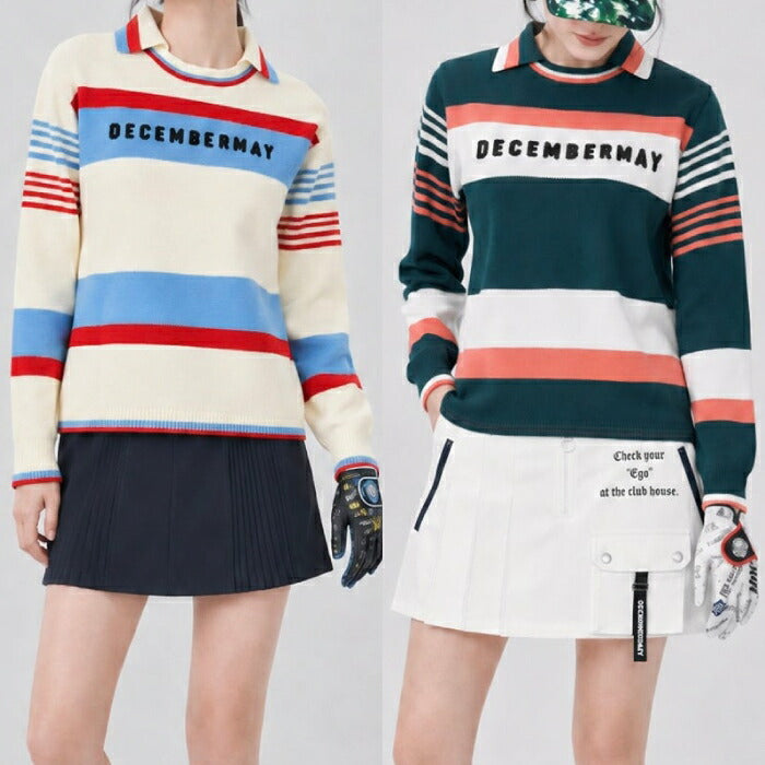 DECEMBERMAY ディセンバーメイ ゴルフウェア レディース Stripe knit polo WOWOWOMEN 長袖ニットポロ 鹿の子編み ソフトな風合い 衿付きクルーネック 保温性 通気性 2-612-1035