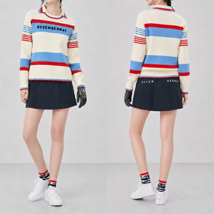 DECEMBERMAY ディセンバーメイ ゴルフウェア レディース Stripe knit polo WOWOWOMEN 長袖ニットポロ 鹿の子編み ソフトな風合い 衿付きクルーネック 保温性 通気性 2-612-1035
