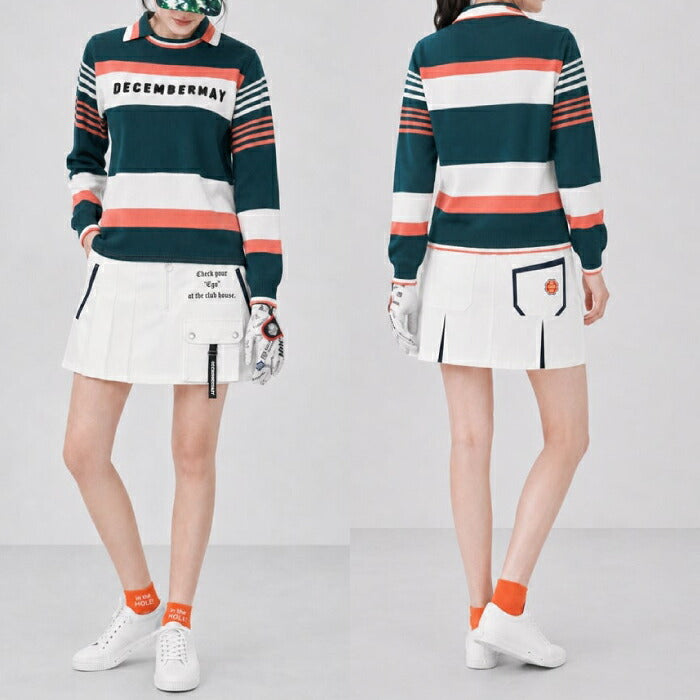 DECEMBERMAY ディセンバーメイ ゴルフウェア レディース Stripe knit polo WOWOWOMEN 長袖ニットポロ 鹿の子編み ソフトな風合い 衿付きクルーネック 保温性 通気性 2-612-1035