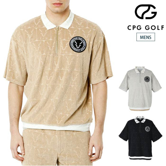 CPG GOLF シーピージーゴルフ パイルジップアップ半袖シャツ ゴルフウェア メンズ MENS ロゴJQ柄パイル Jip UPシャツ セットアップ対応 2109-24105