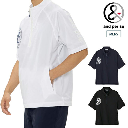 and per se アンパスィ ゴルフウェア メンズ マルチウェザー半袖ハーフジップシャツ マルチストレッチ はっ水 UV 抗菌防臭 透湿 AMS1506G1