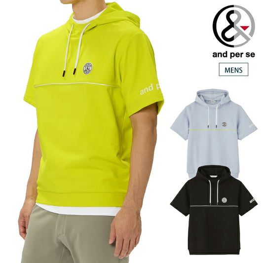 and per se アンパスィ ゴルフウェア メンズ ショットスムーザースウェット半袖フーディー プルオーバー マルチストレッチ 吸汗速乾 UV 抗菌防臭 べたつき軽減 AMS6506J1