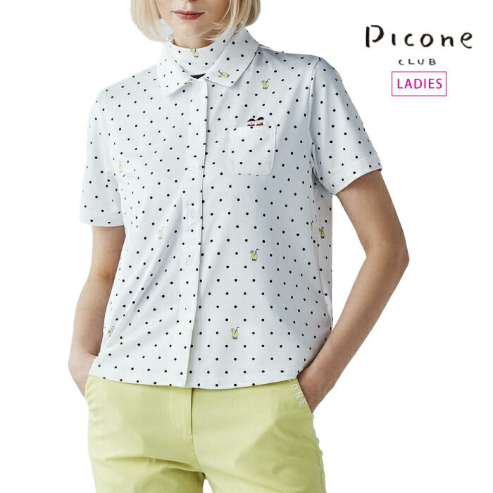 PICONE CLUB ピッコーネクラブ ゴルフウェア レディース ドリンクドット柄UV速乾シャツ 前開き 半袖 ラウンド裾シルエット c559506