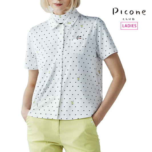 PICONE CLUB ピッコーネクラブ ゴルフウェア レディース ドリンクドット柄UV速乾シャツ 前開き 半袖 ラウンド裾シルエット c559506