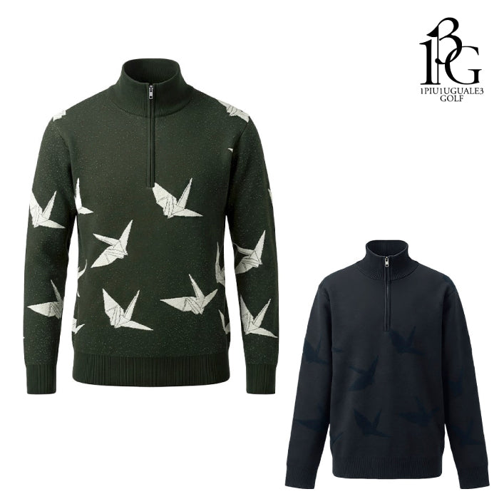 1PIU1UGUALE3 GOLF ウノピゥウノウグァーレ ゴルフウェア メンズ 113 GOLF JACQUARD HALF-ZIP KNIT DANCING CRANE ハーフジップニット ストレッチ性 タイトなシルエット grk104-gpe071