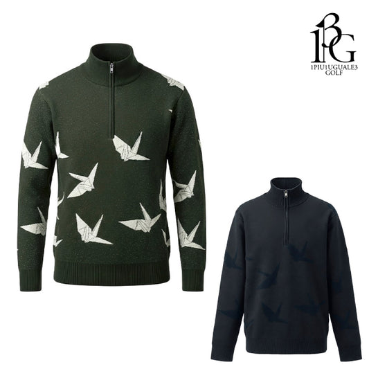 1PIU1UGUALE3 GOLF ウノピゥウノウグァーレ ゴルフウェア メンズ 113 GOLF JACQUARD HALF-ZIP KNIT DANCING CRANE ハーフジップニット ストレッチ性 タイトなシルエット grk104-gpe071