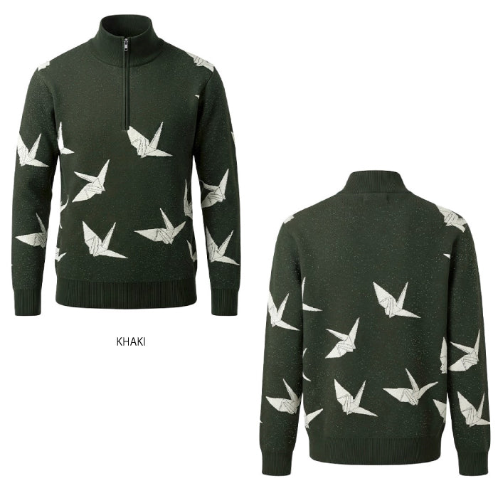 1PIU1UGUALE3 GOLF ウノピゥウノウグァーレ ゴルフウェア メンズ 113 GOLF JACQUARD HALF-ZIP KNIT DANCING CRANE ハーフジップニット ストレッチ性 タイトなシルエット grk104-gpe071