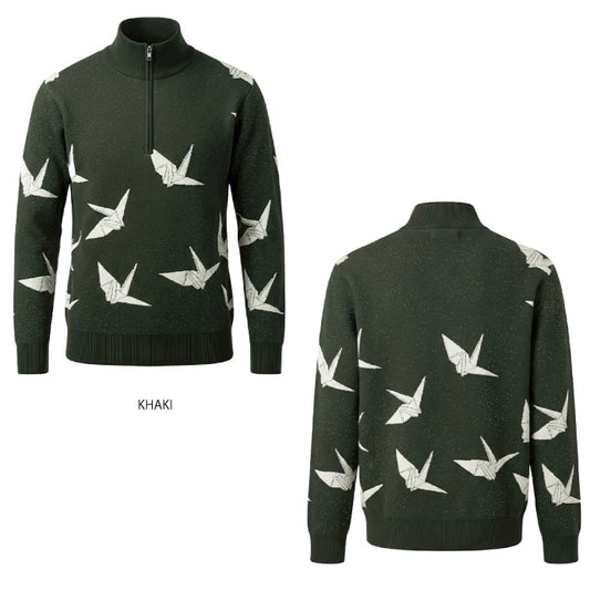1PIU1UGUALE3 GOLF ウノピゥウノウグァーレ ゴルフウェア メンズ 113 GOLF JACQUARD HALF-ZIP KNIT DANCING CRANE ハーフジップニット ストレッチ性 タイトなシルエット grk104-gpe071