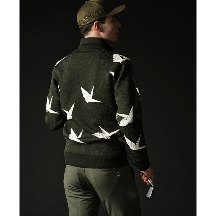 1PIU1UGUALE3 GOLF ウノピゥウノウグァーレ ゴルフウェア メンズ 113 GOLF JACQUARD HALF-ZIP KNIT DANCING CRANE ハーフジップニット ストレッチ性 タイトなシルエット grk104-gpe071