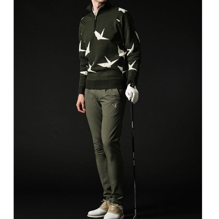 1PIU1UGUALE3 GOLF ウノピゥウノウグァーレ ゴルフウェア メンズ 113 GOLF JACQUARD HALF-ZIP KNIT DANCING CRANE ハーフジップニット ストレッチ性 タイトなシルエット grk104-gpe071