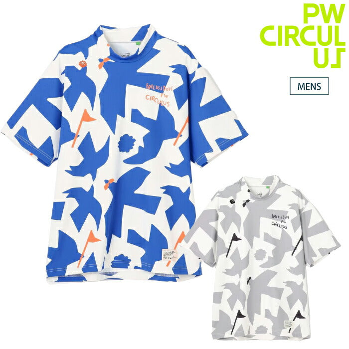 PW CIRCULUS ピーダブリュサーキュラス ゴルフウェア メンズ MEN ＤＯＶＥ柄モックネック ハトの総柄 半袖モックネックTシャツ 接触冷感 UVカット 吸水速乾 ストレッチ khpnlm0315