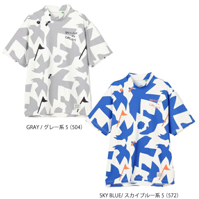 PW CIRCULUS ピーダブリュサーキュラス ゴルフウェア メンズ MEN ＤＯＶＥ柄モックネック ハトの総柄 半袖モックネックTシャツ 接触冷感 UVカット 吸水速乾 ストレッチ khpnlm0315