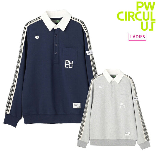 PW CIRCULUS ピーダブリュサーキュラス ゴルフウェア レディース WOMEN ラガーシャツ 長袖シャツ トレンドゲームシャツ 重ね着風の襟 ややドロップ気味のショルダー レトロ感 kkpqlw0324
