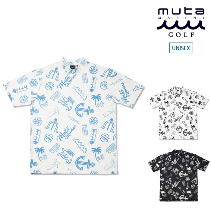 muta MARINE GOLF ムータマリンゴルフ メンズ レディース ゴルフウェア 半袖 ランダムロゴ モックネックシャツ レギュラーフィット / 吸水速乾 / UVカット MGMK-446318