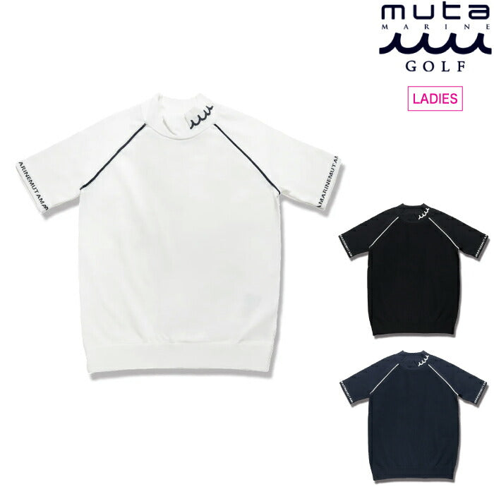 muta MARINE GOLF ムータマリンゴルフ ゴルフウェア レディース ジャガード モックネックプルオーバー 半袖ニット 半袖シャツ 伸縮性 短め丈 タウンユースにも セットアップ対応 mgsg-250501