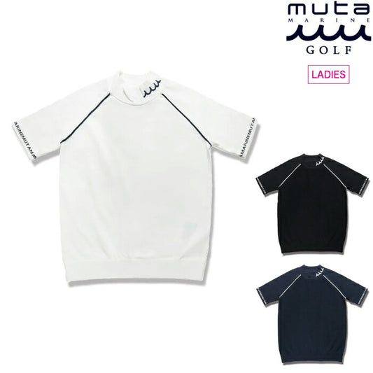 muta MARINE GOLF ムータマリンゴルフ ゴルフウェア レディース ジャガード モックネックプルオーバー 半袖ニット 半袖シャツ 伸縮性 短め丈 タウンユースにも セットアップ対応 mgsg-250501