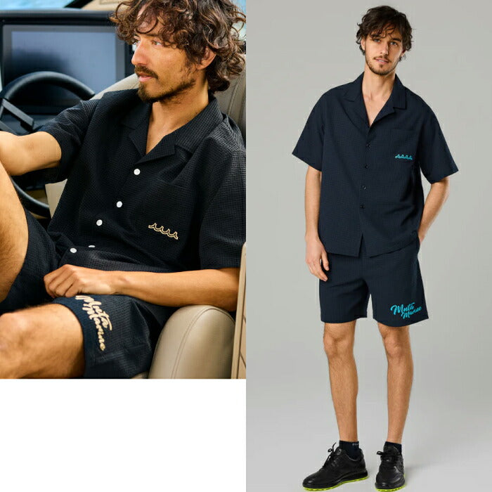 muta MARINE GOLF ムータマリンゴルフ ゴルフウェア メンズ シアサッカー オープンカラーシャツ 半袖シャツ 清涼感 ゆったりシルエット セットアップ対応 mmbg-446823