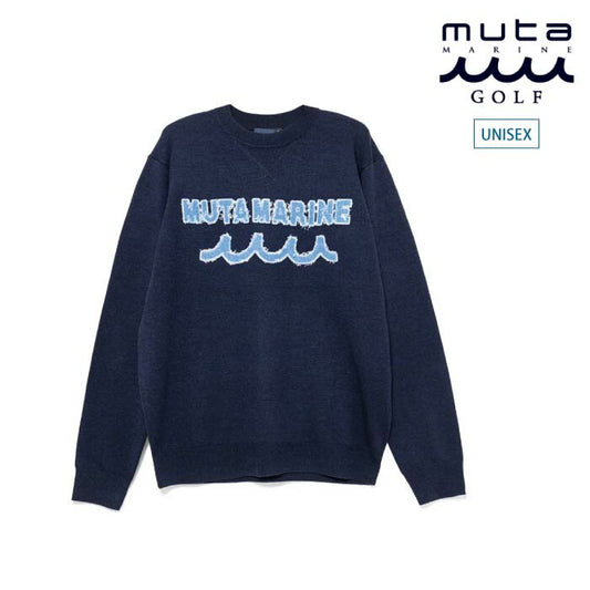 muta MARINE GOLF ムータマリンゴルフ ゴルフウェア レディース メンズ デニムパッチ クルーネックセーター ウール混 保温性 MMSK-446427