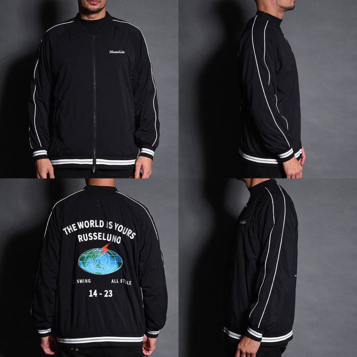 Russeluno ラッセルノ ゴルフウェア メンズ WORLD LOGO ZIPUP BLOUSON ジップアップブルゾン 独特なシワ感 伸縮性 メッシュ裏地 吸汗速乾 RS-2530615