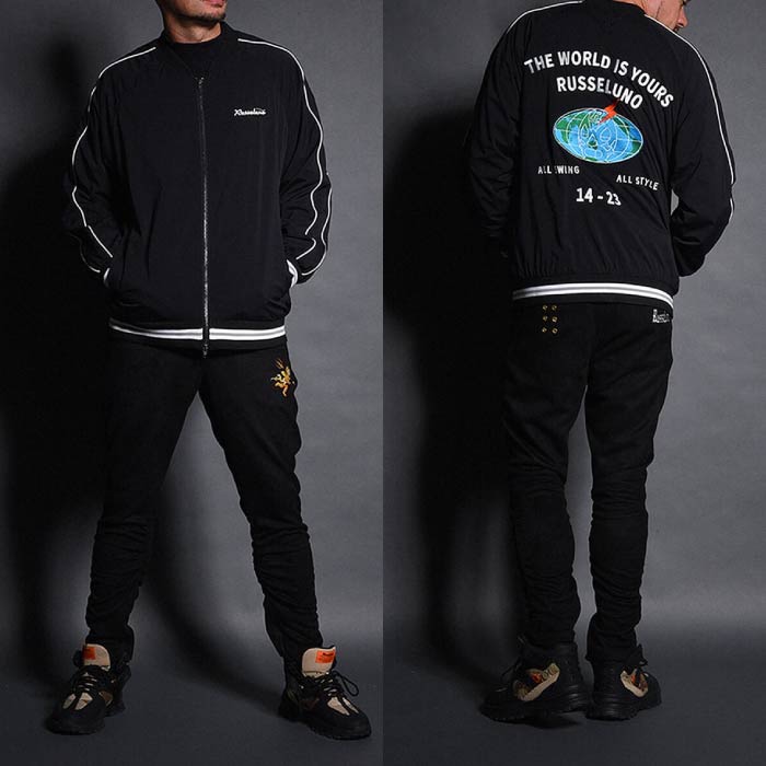 Russeluno ラッセルノ ゴルフウェア メンズ WORLD LOGO ZIPUP BLOUSON ジップアップブルゾン 独特なシワ感 伸縮性 メッシュ裏地 吸汗速乾 RS-2530615